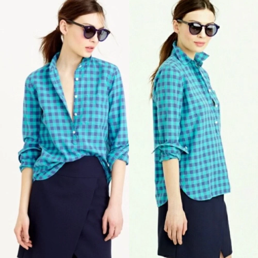 J. Crew Caribbean Blue Gingham Popover Shirt - Picture 3 of 9